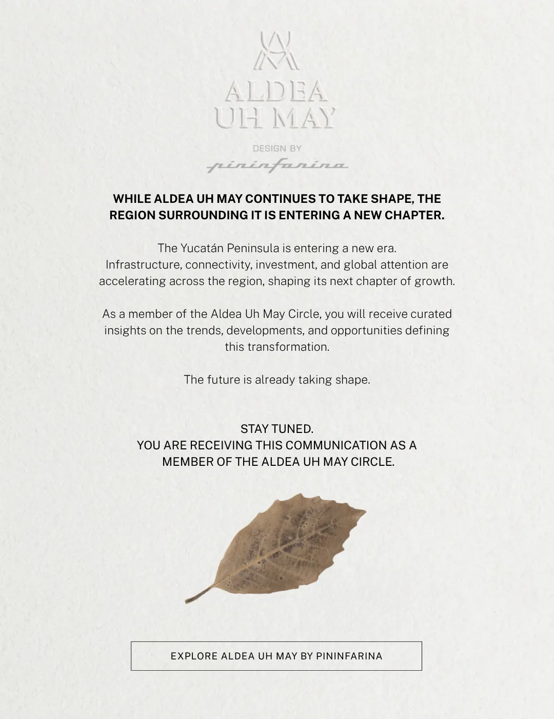 Aldea Uh May email artwork with leaf illustration
