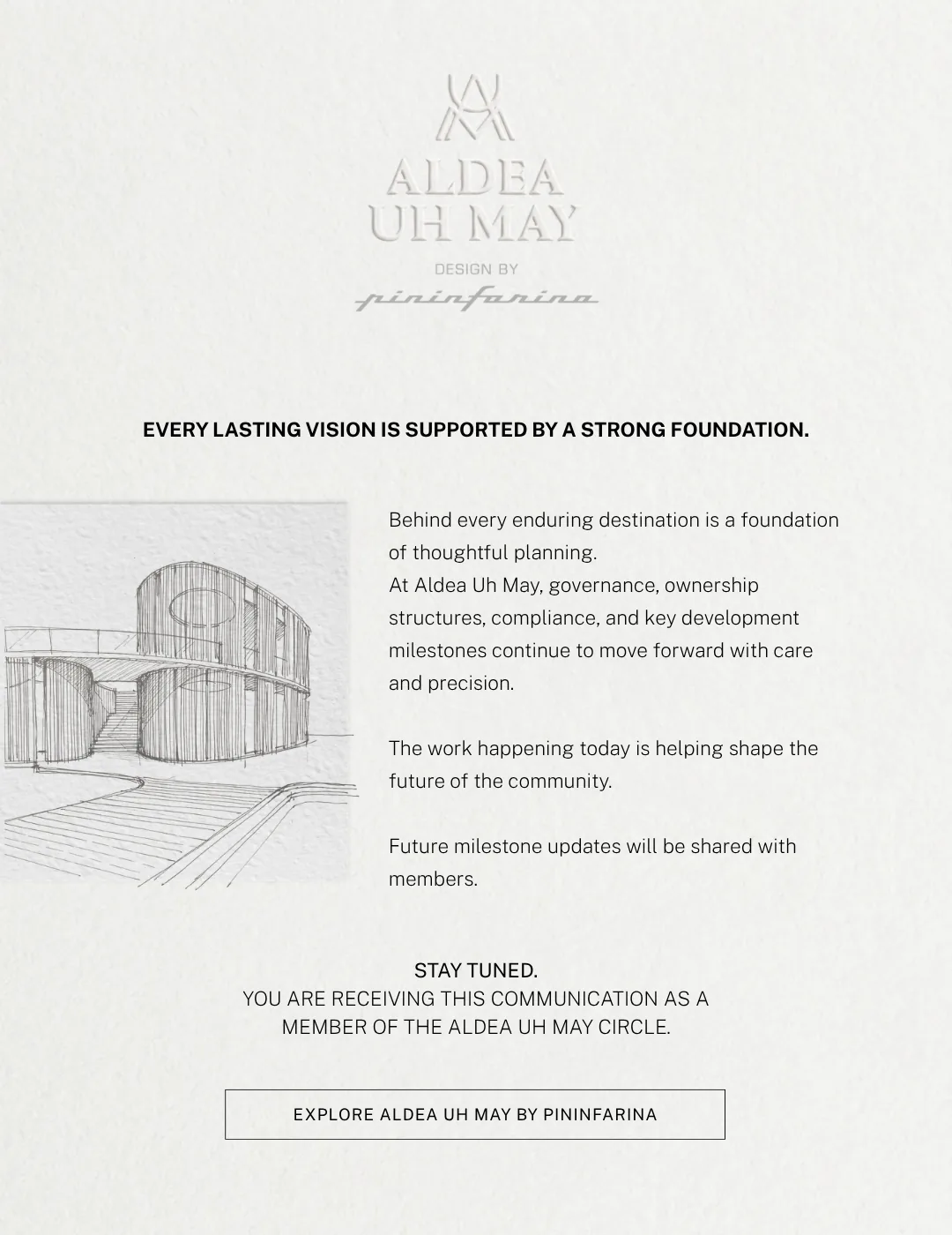 Aldea Uh May email artwork with architectural sketch